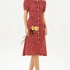Puff Sleeve Lapel Print Midi Dress Red