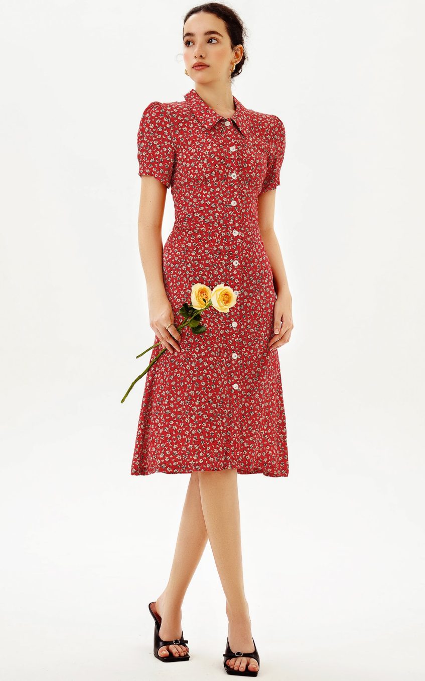 Puff Sleeve Lapel Print Midi Dress Red