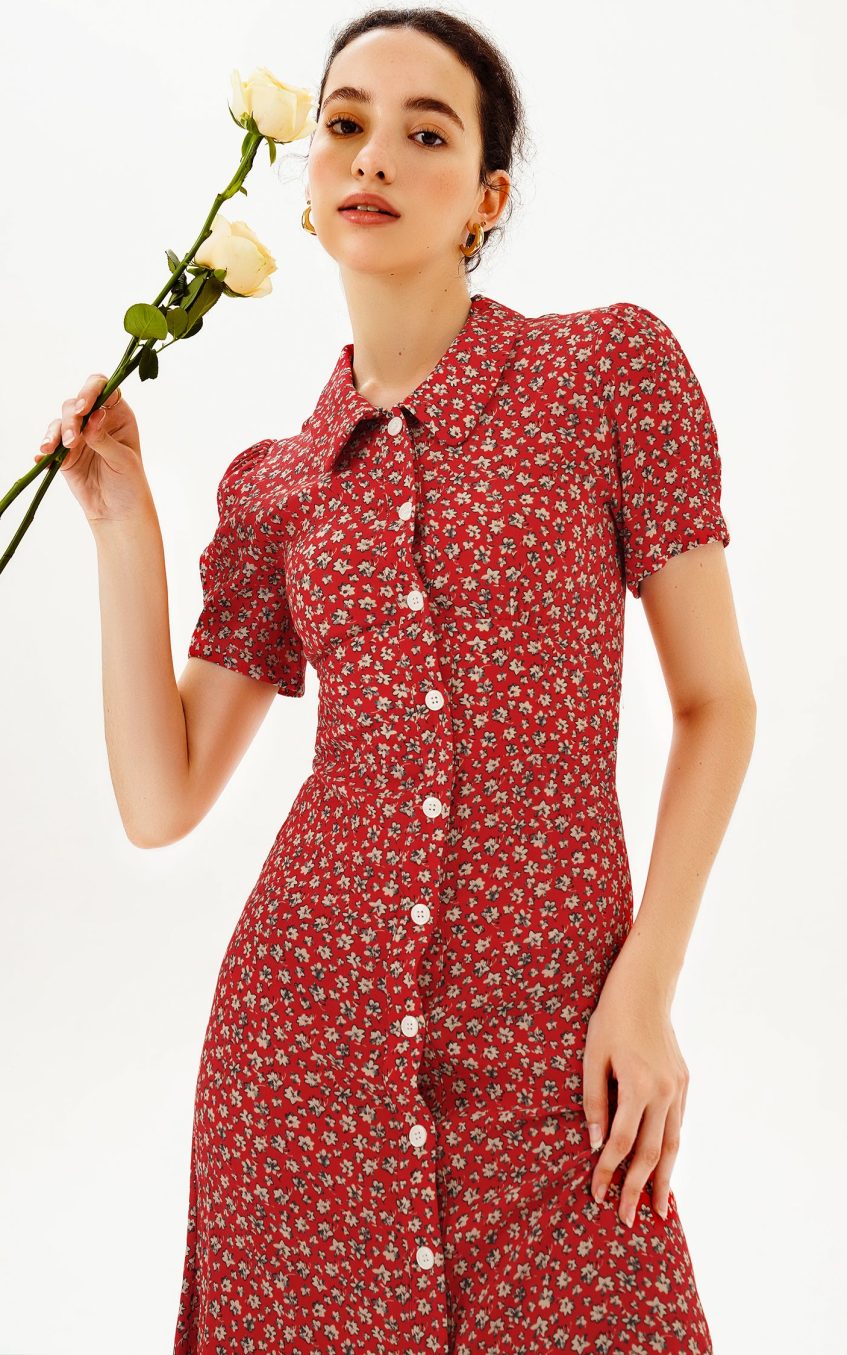 Puff Sleeve Lapel Print Midi Dress Red