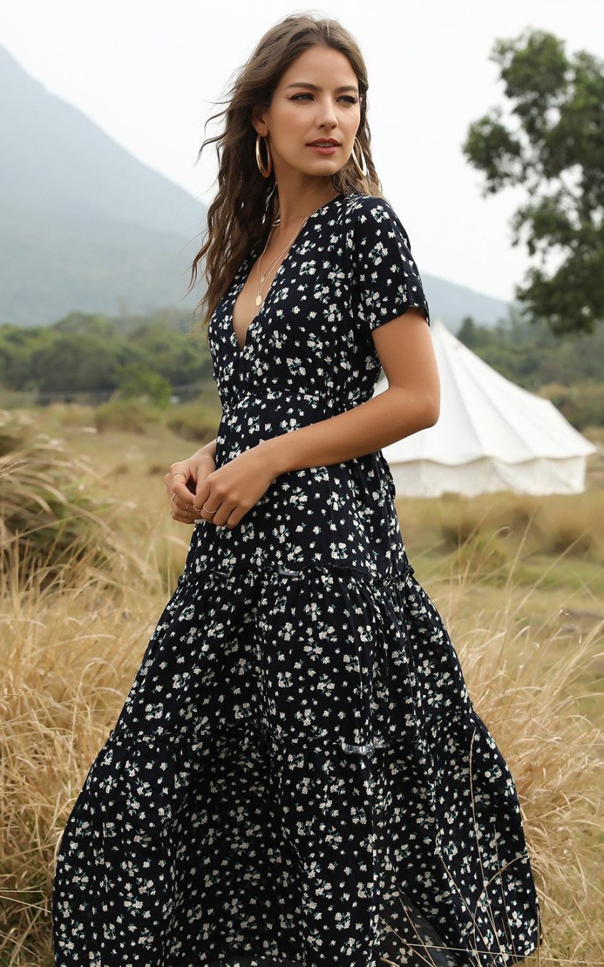 Cotton Ruffle Floral Bohemian Dress Blue