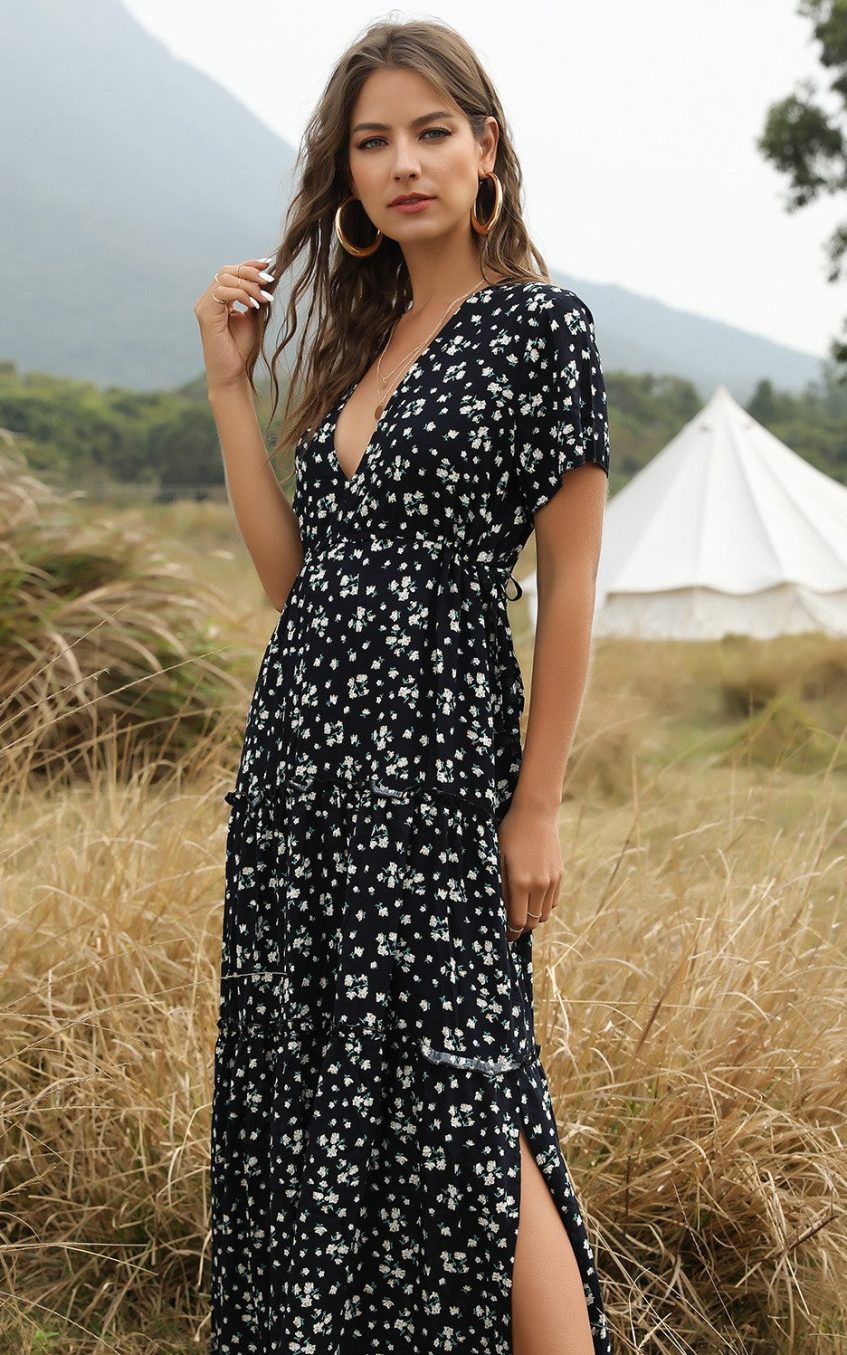 Cotton Ruffle Floral Bohemian Dress Blue