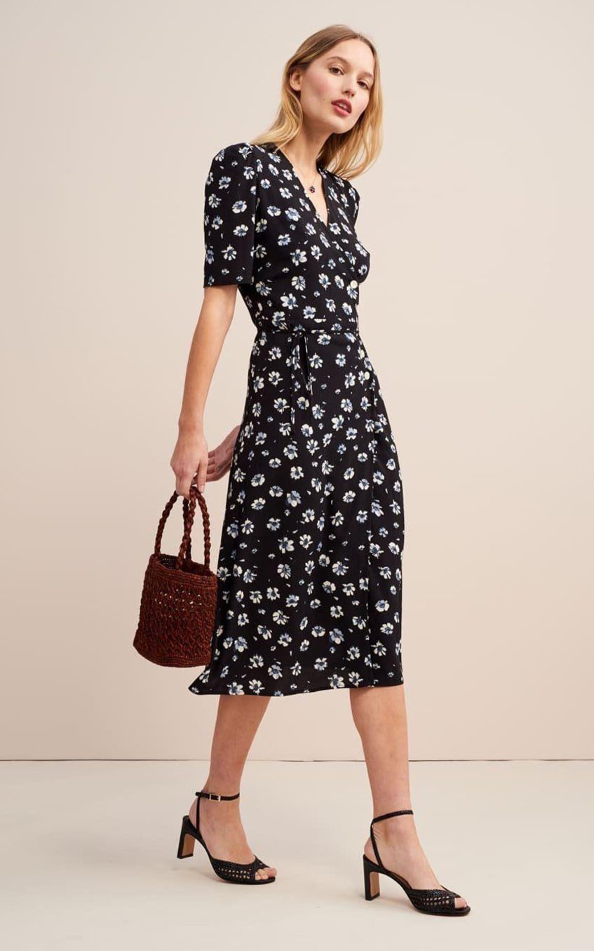 Floral Mid Sleeve V-Neck Midi Dress Blue