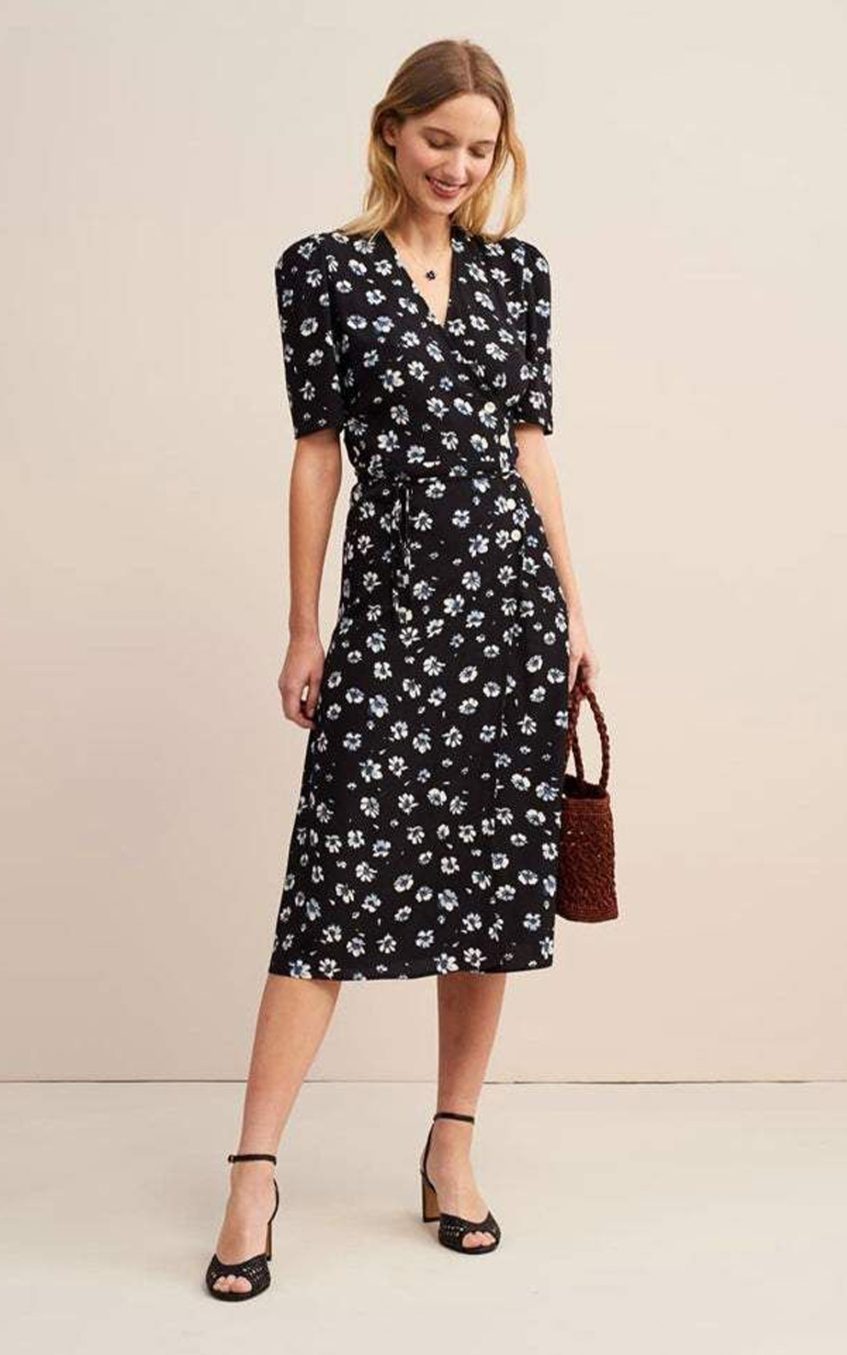 Floral Mid Sleeve V-Neck Midi Dress Blue