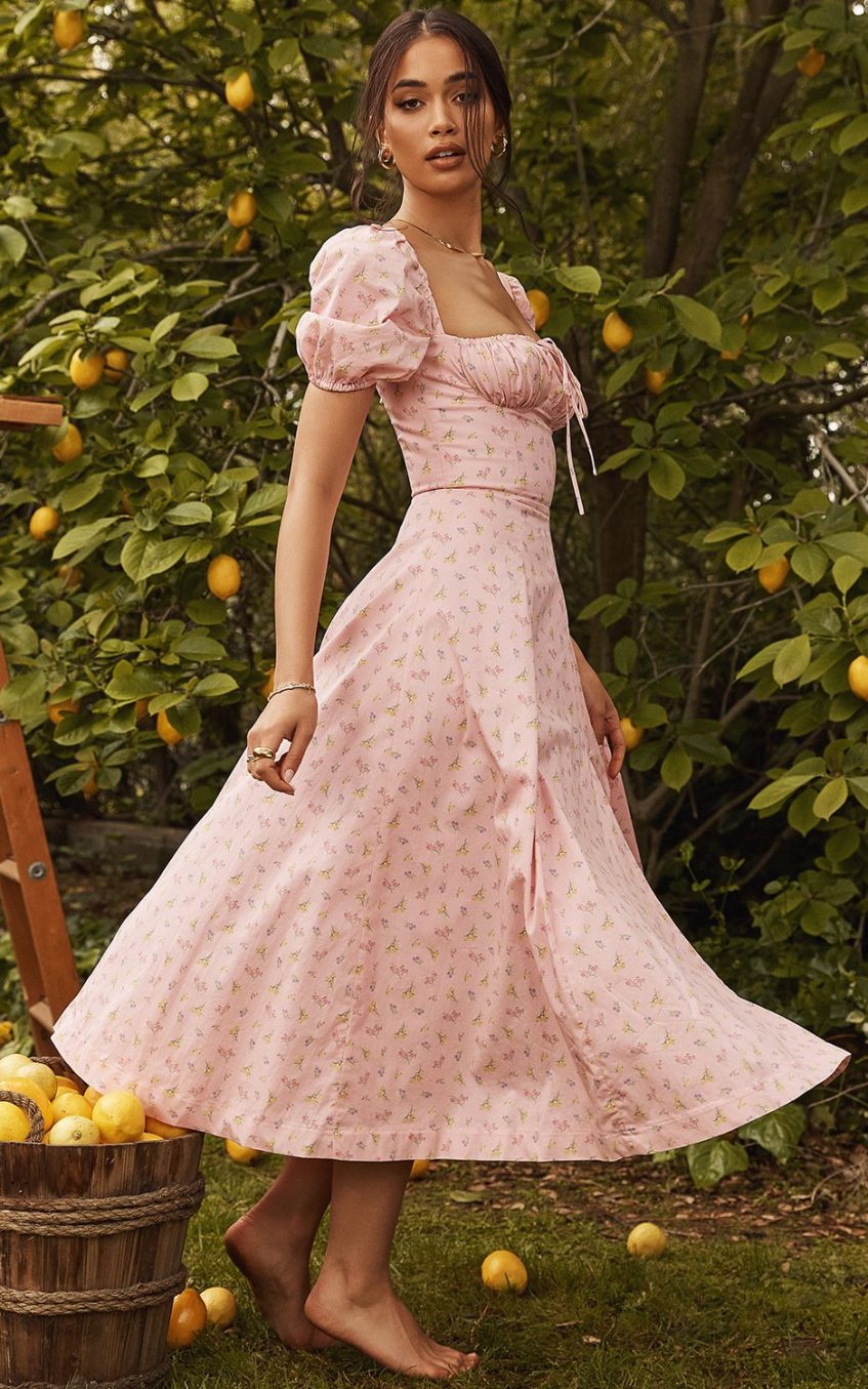 Puff Sleeve Slit Print Midi Dress