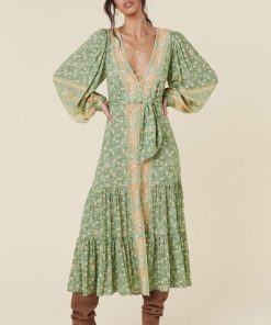 Floral Long Sleeve V-Neck Drapped Midi Dress Green