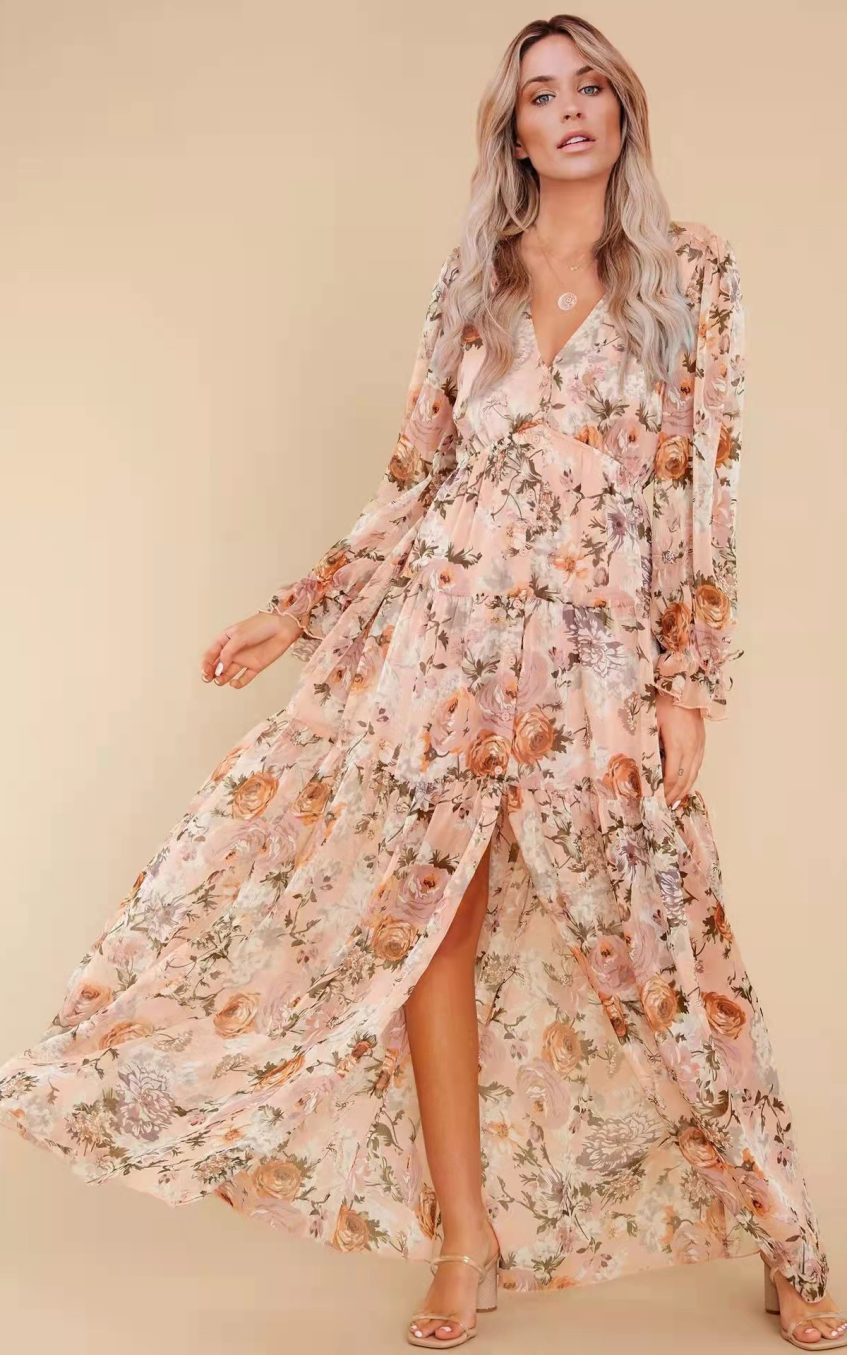Floral Puff Sleeve V-Neck Ruffle Hem Maxi Dress White