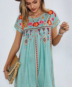 Floral Embroidered Mini Dress Green