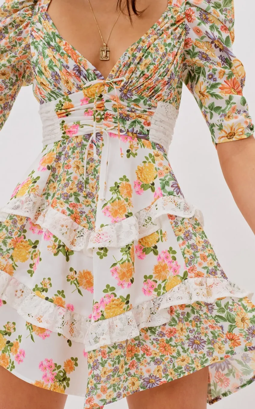 Floral V-Neck Puff Sleeve Ruffle Hem Mini Dress Yellow