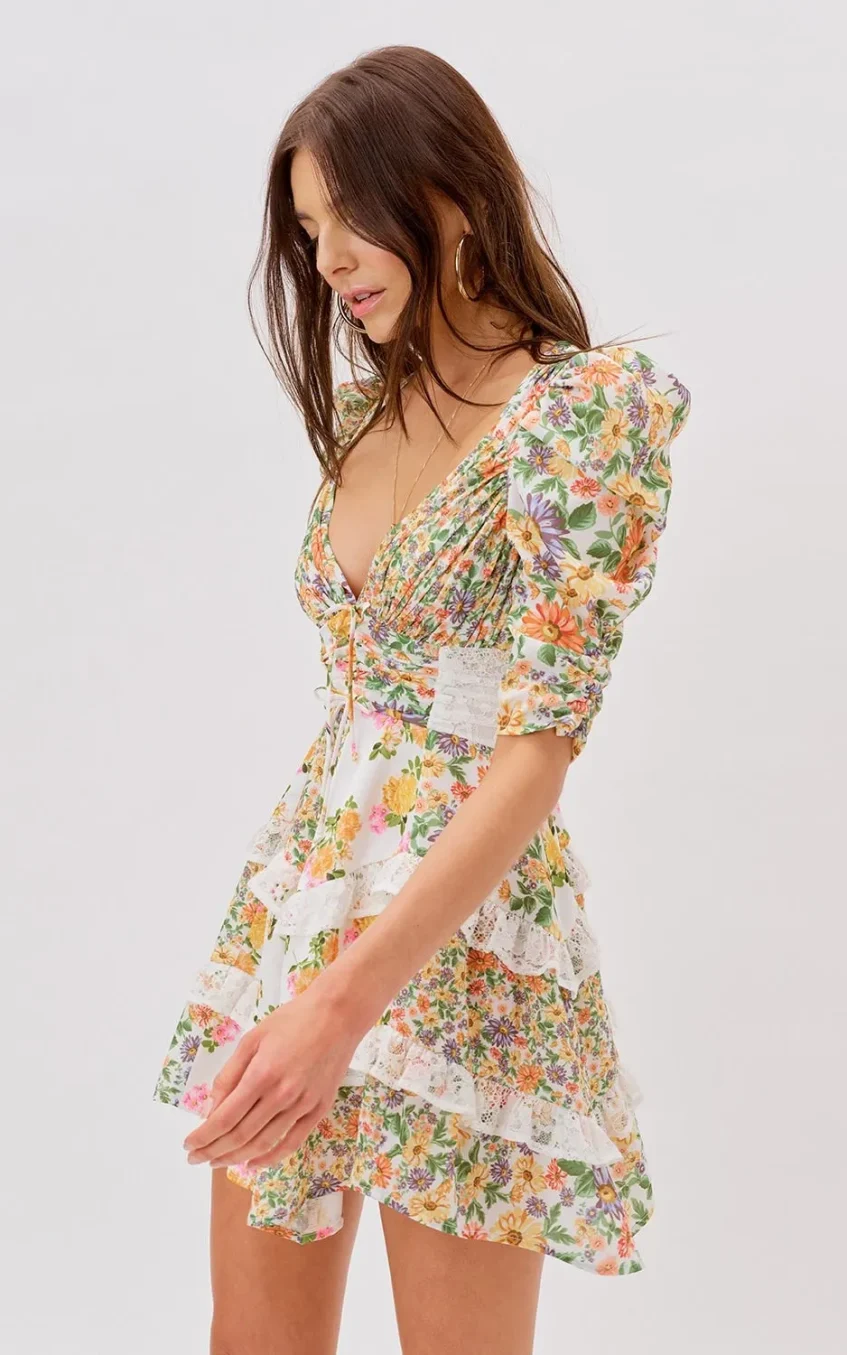 Floral V-Neck Puff Sleeve Ruffle Hem Mini Dress Yellow