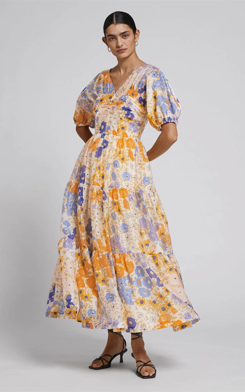 Floral Puff Sleeve V-Neck Maxi Dress