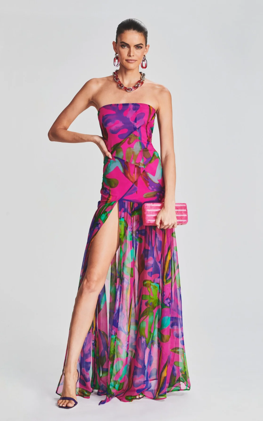 Floral Tube Top Slit Backless Maxi Dress