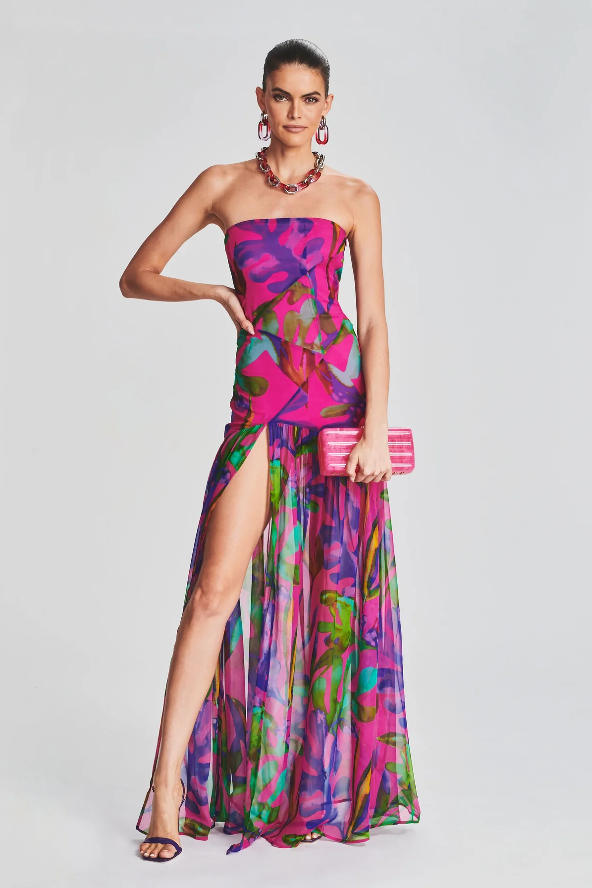 Floral Tube Top Slit Backless Maxi Dress