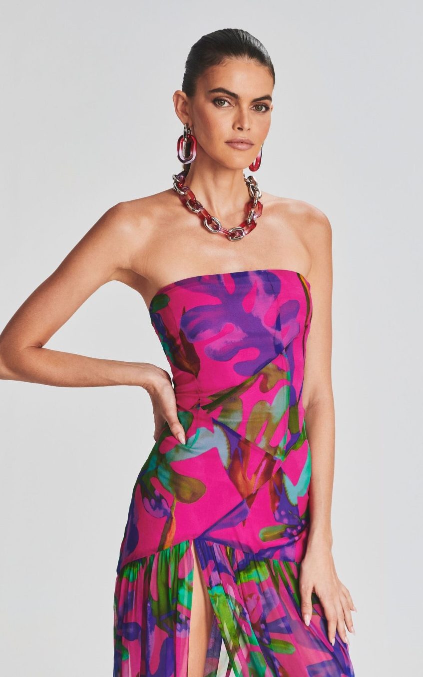 Floral Tube Top Slit Backless Maxi Dress