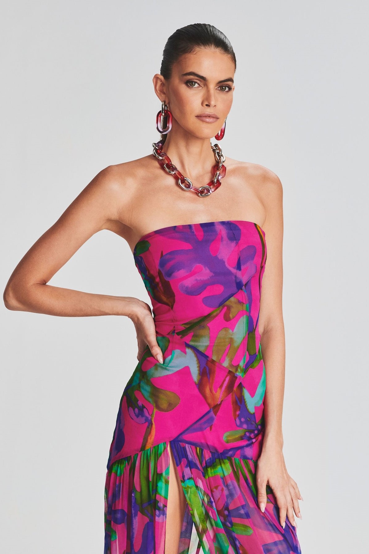 Floral Tube Top Slit Backless Maxi Dress