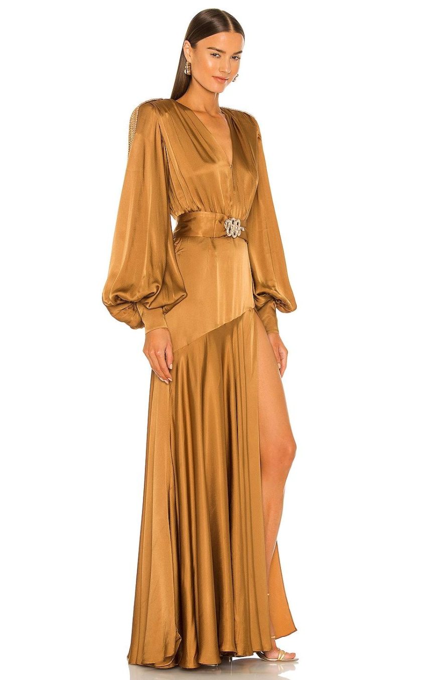 Lantern Sleeve V-Neck Slit Maxi Dress Yellow
