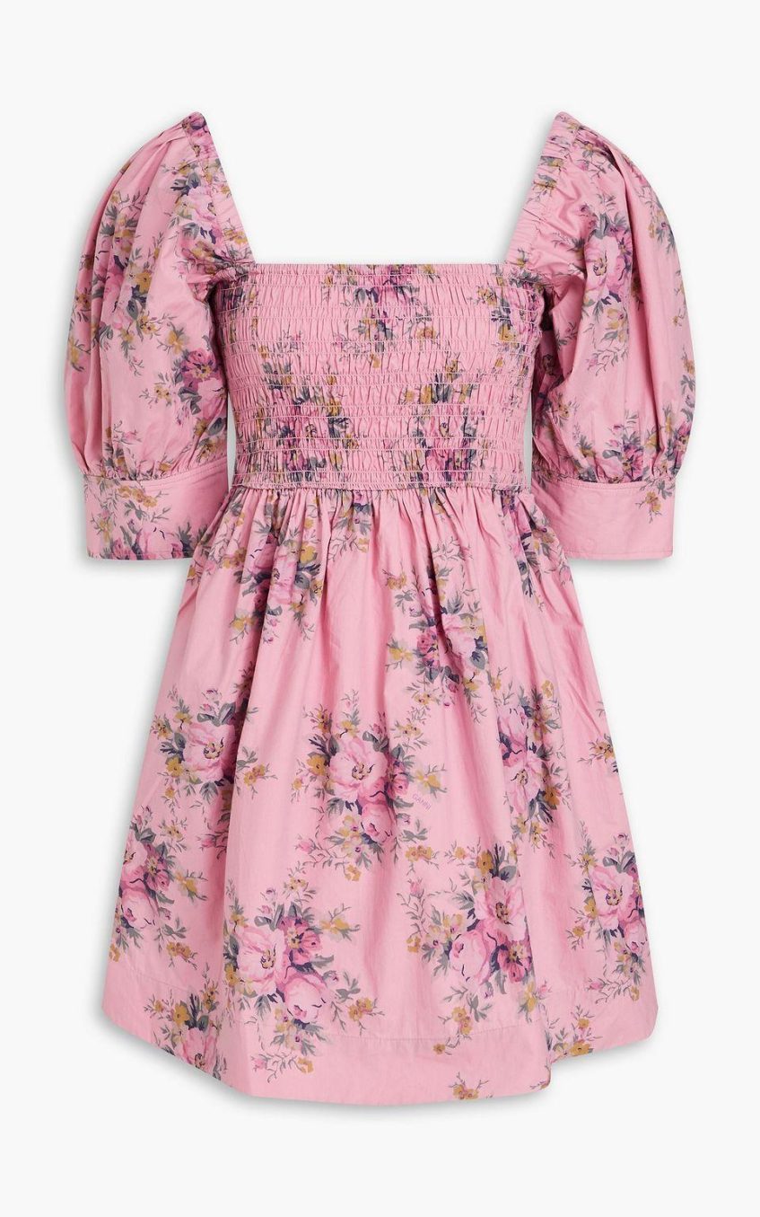 Floral Puff Sleeve Square Collar Smocked Elastic Mini Dress