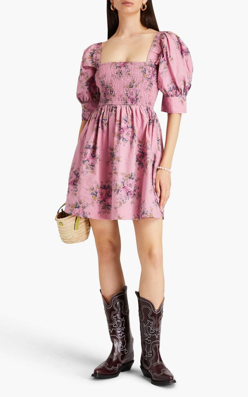 Floral Puff Sleeve Square Collar Smocked Elastic Mini Dress