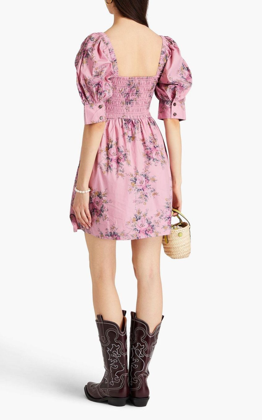 Floral Puff Sleeve Square Collar Smocked Elastic Mini Dress