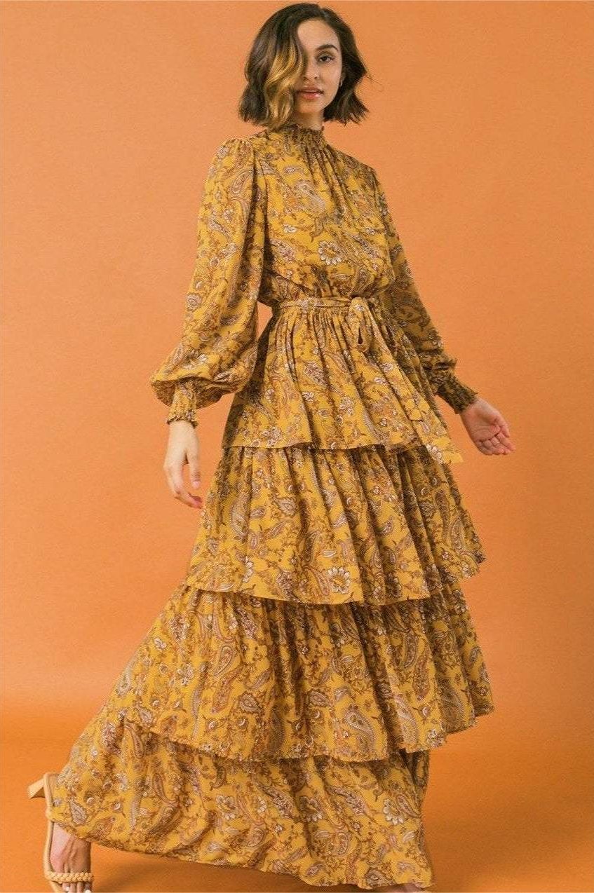 Floral Lantern Sleeve Stand Collar Belted Tiered Ruffle Trim Maxi Dress