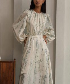 Floral Lantern Sleeve Crew Collar Lace Up Midi Dress