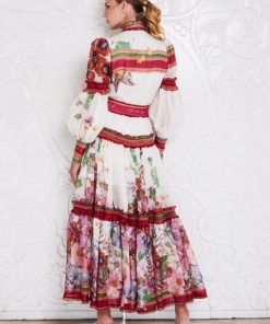 Floral Lantern Sleeve Stand Collar Ruffle Maxi Dress