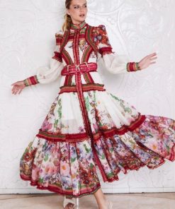 Floral Lantern Sleeve Stand Collar Ruffle Maxi Dress