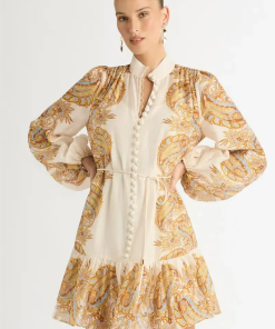 Paisley Single Breasted Lantern Sleeve Mini Dress