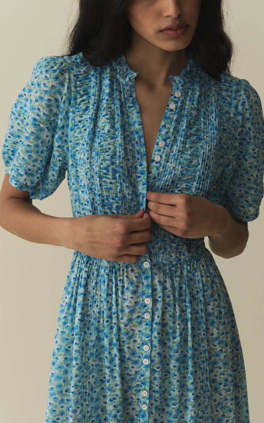 Floral Puff Sleeve Single Breasted Midi Dress