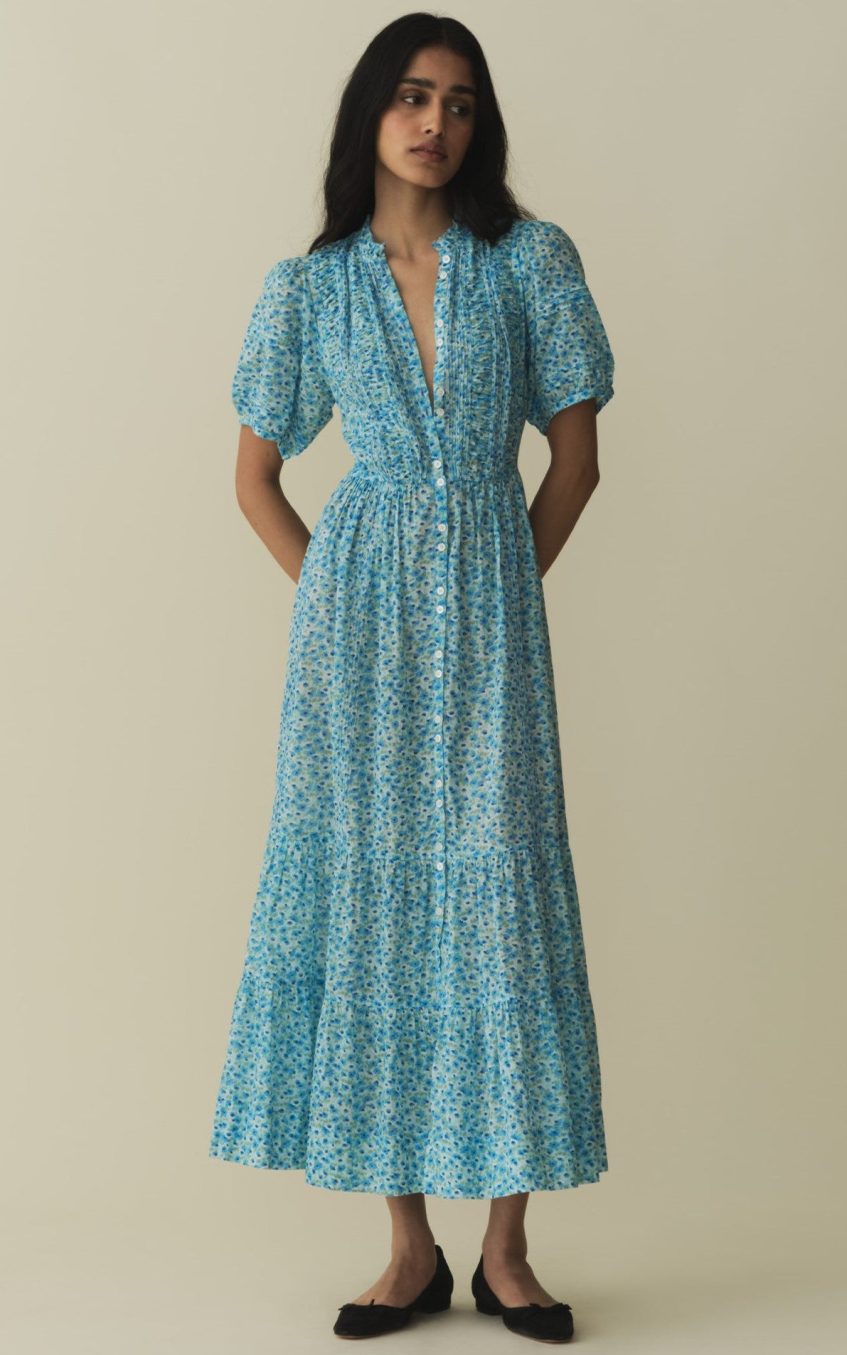 Floral Puff Sleeve Single Breasted Midi Dress