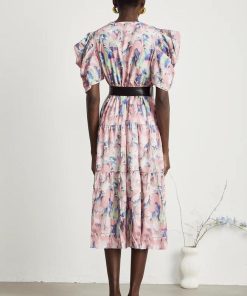 Abstract Print V-Neck Midi Dress With Belt