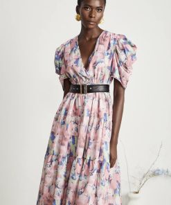 Abstract Print V-Neck Midi Dress With Belt