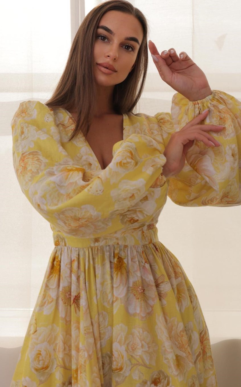 Floral V-Neck Long Sleeve Midi Dress