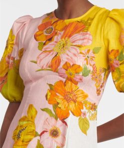 Floral Puff Sleeve Round Neckline Midi Dress