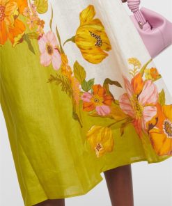 Floral Puff Sleeve Round Neckline Midi Dress