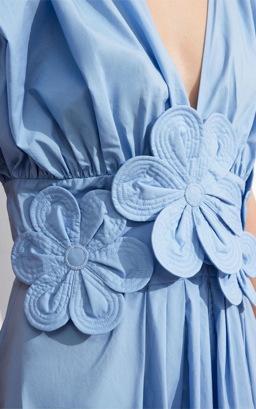 3D Floral V-Neck Lace Up Midi Dress