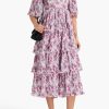Floral Mid Sleeve Square Collar Midi Dress