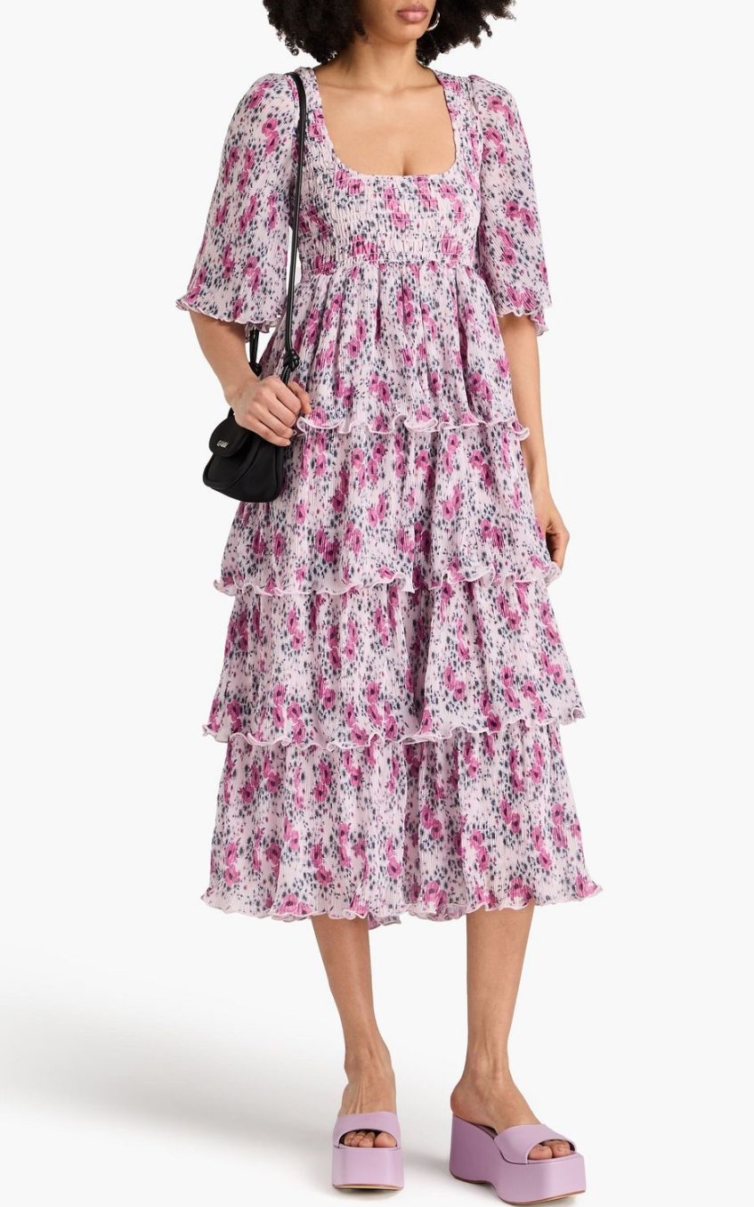 Floral Mid Sleeve Square Collar Midi Dress