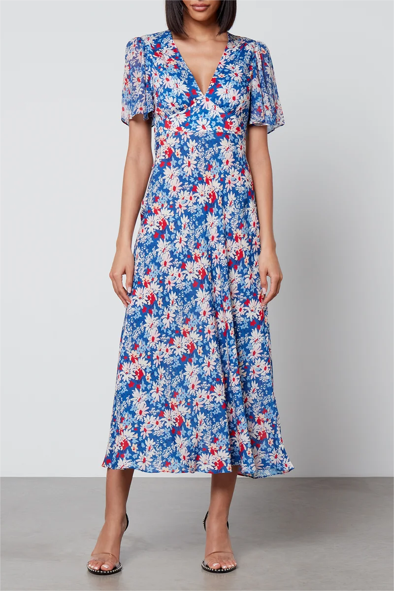 Floral V-Neck Lace-Up Midi Dress