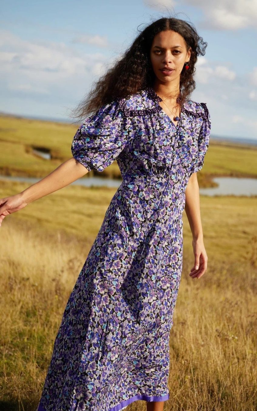 Floral Puff Sleeve Lace Up Frill Midi Dress