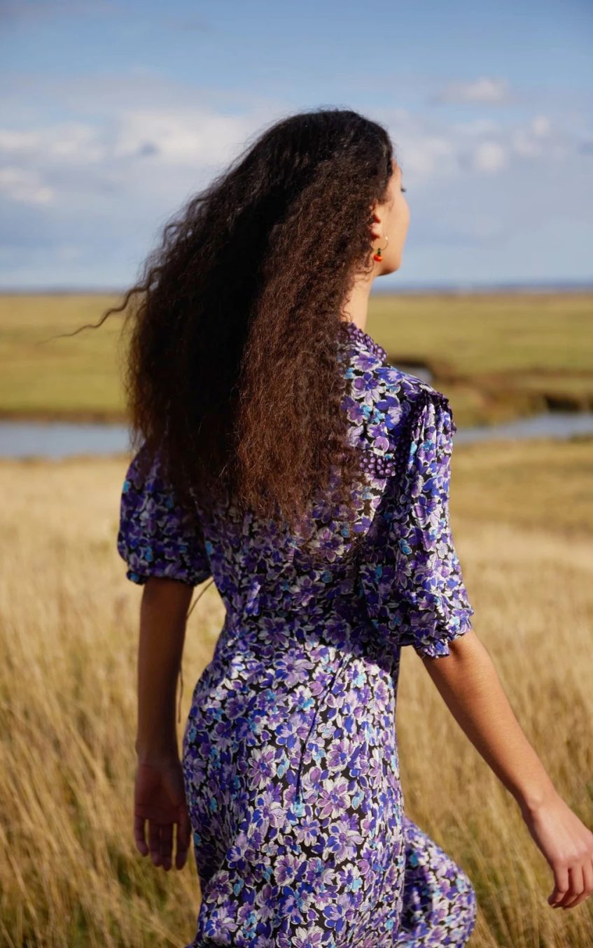 Floral Puff-Sleeve Lace-Up Frill Midi Dress