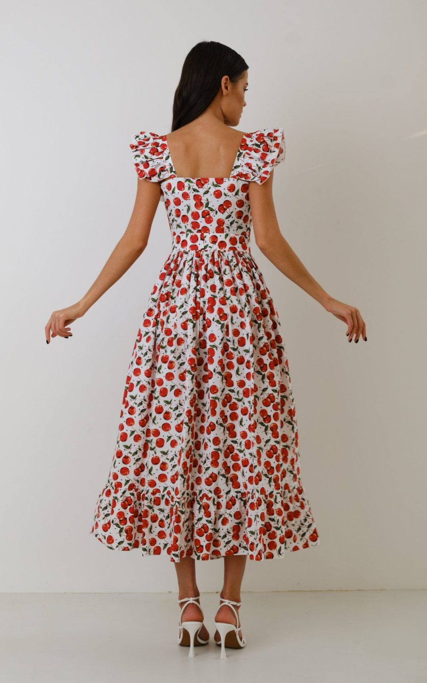 Floral Frill Square Collar Midi Dress