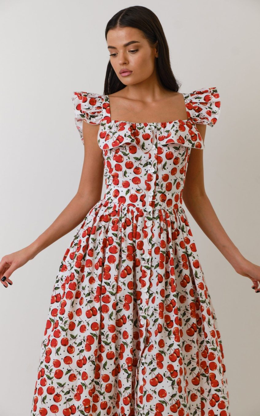 Floral Frill Square Collar Midi Dress