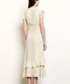 Floral Jacquard V-Neck Ruffle Midi Dress