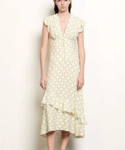 Floral Jacquard V-Neck Ruffle Midi Dress