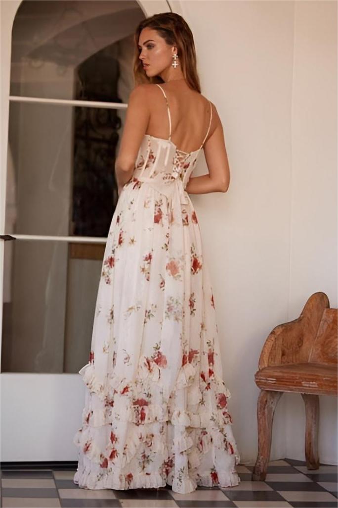 Floral Sweetheart Neck Split Midi Dress