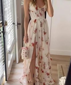 Floral Sweetheart Neck Split Midi Dress