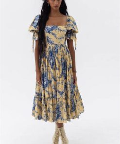 Floral Square Collar Puff Sleeve Midi Dress