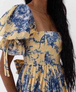 Floral Square Collar Puff-Sleeve Midi Dress