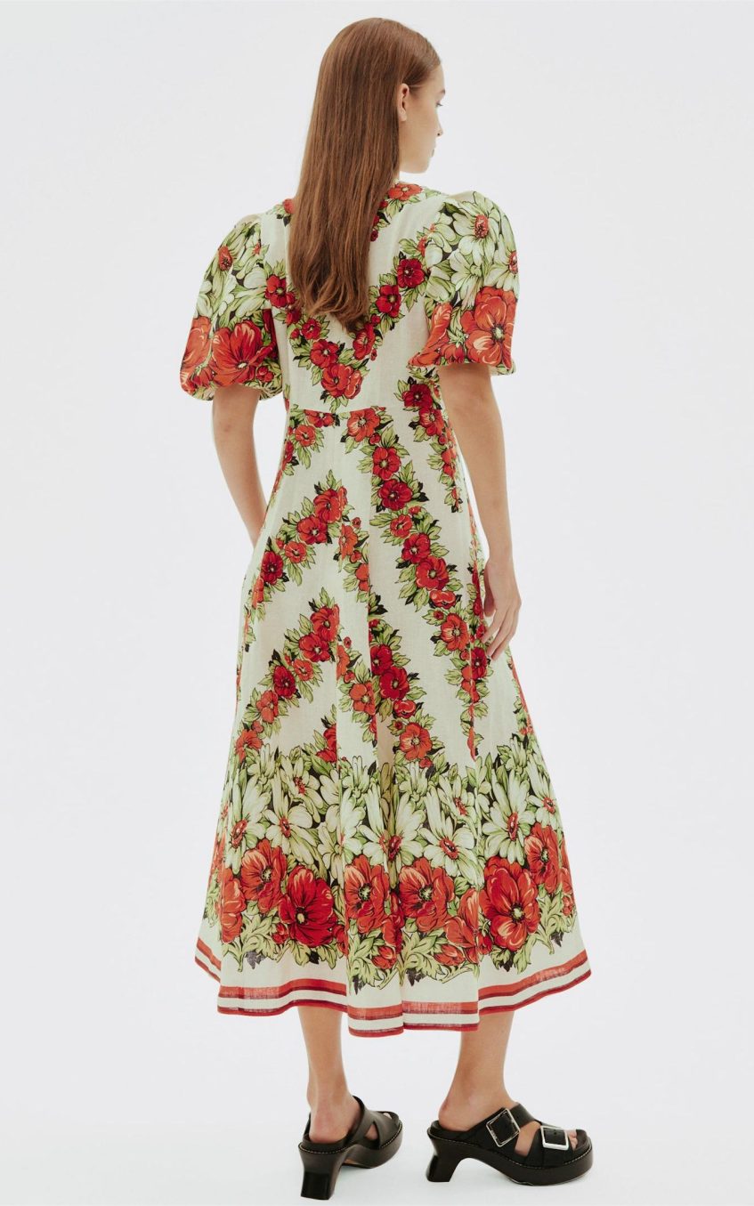 Floral Puff Sleeve Round Neck Midi Dress