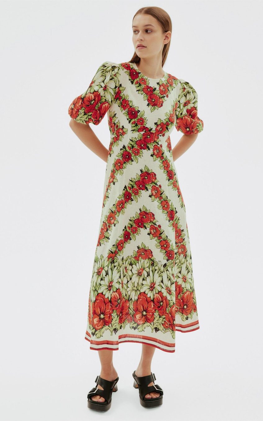 Floral Puff Sleeve Round Neck Midi Dress